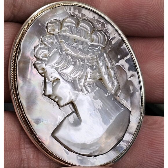 Antique Eaton & Co 925 Sterling Silver Mother Of Pearl Cameo Broach Hallmark - Picture 1 of 16